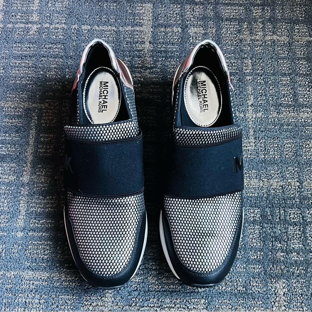 Michael KORS " FELIX " Black Silver Gold MESH MK Logo Wedge Sneakers Size 9